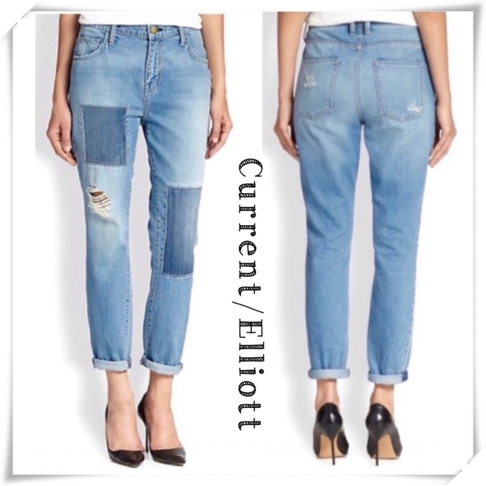 Current Elliott Fling Kasey Repair Patchwork Boyfriend Jeans light Washed Sz 26